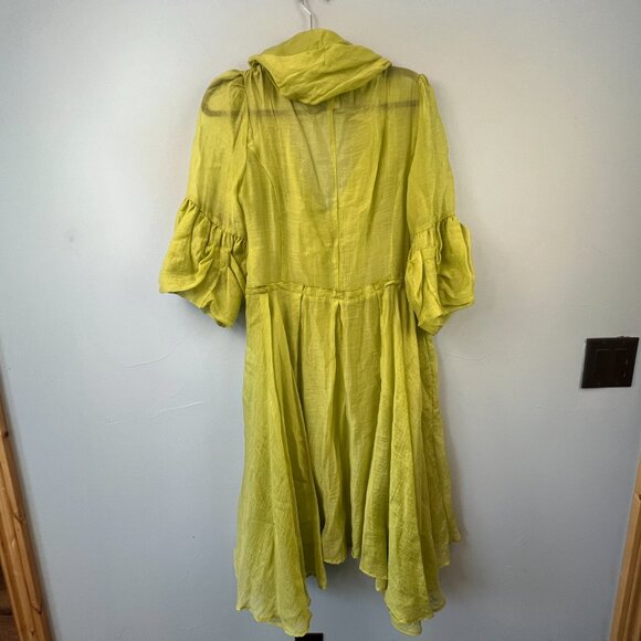 Vintage Design Today's Sheer Chartreuse Fit n Flair Bell Sleeve Midi Dress Sz L - Picture 3 of 8